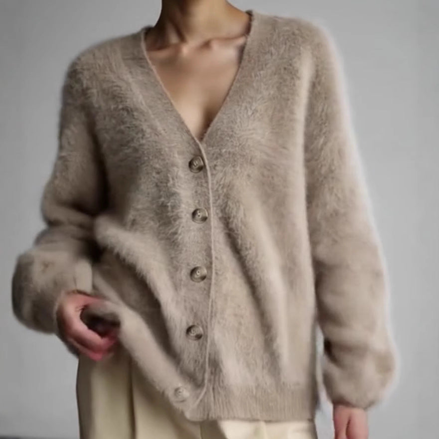 Damen Flauschiger Eyelash-Mix Oversize-Cardigan mit V-Ausschnitt und dekorativen Holzknöpfen Shop Nory