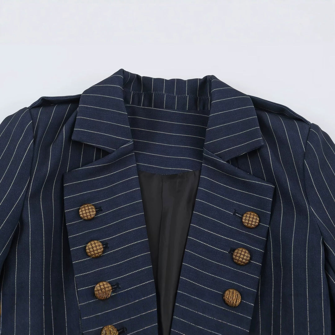 Damen taillierter Doppelreiher-Nadelstreifenblazer mit Schulterklappen Shop Nory
