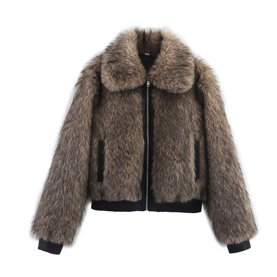 Damen Kurze Faux-Fur Bomberjacke mit Reißverschluss und Rippsaum Shop Nory