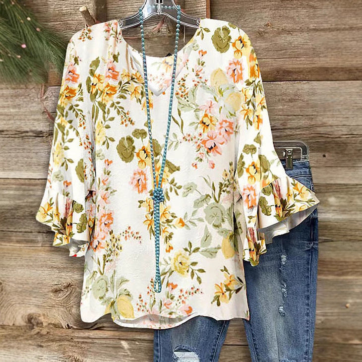 Damen Bluse mit floralem Muster und Rüschendetails
