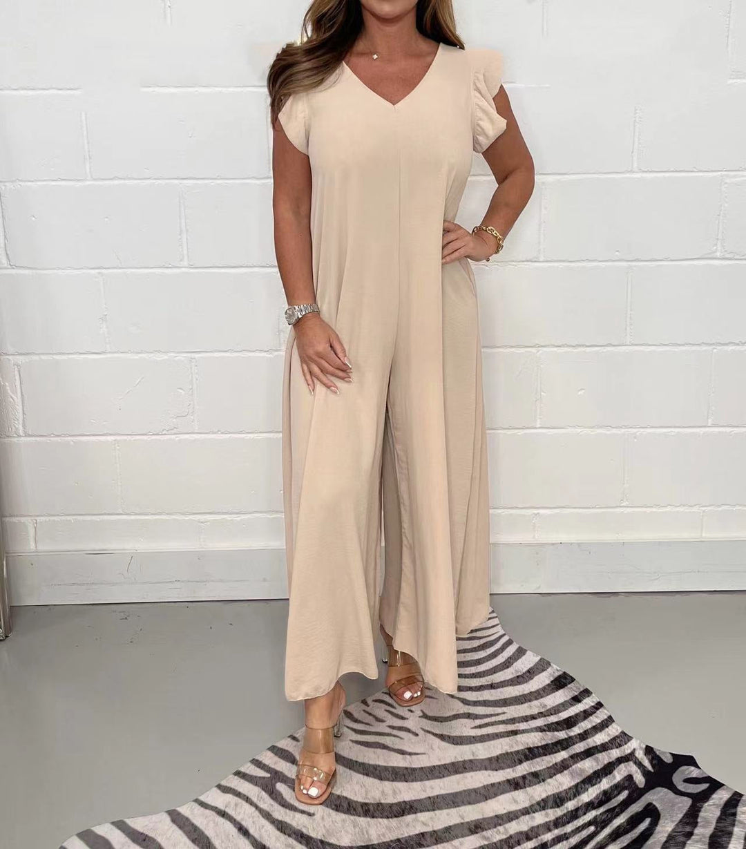 Damen luftiger Jumpsuit mit weit geschnittenem Bein und V-Ausschnitt