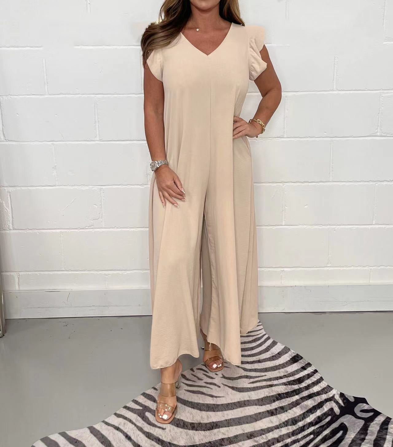 Damen luftiger Jumpsuit mit weit geschnittenem Bein und V-Ausschnitt