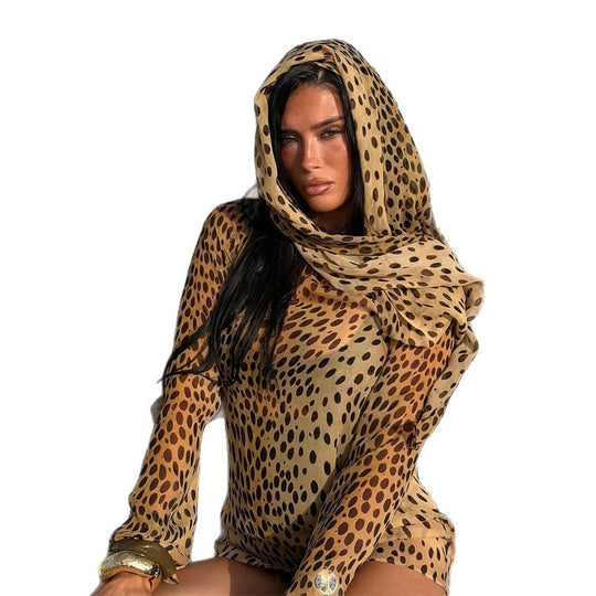 Damen Transparente Chiffon-Bluse mit langem Schalkragen und Animal-Print Shop Nory
