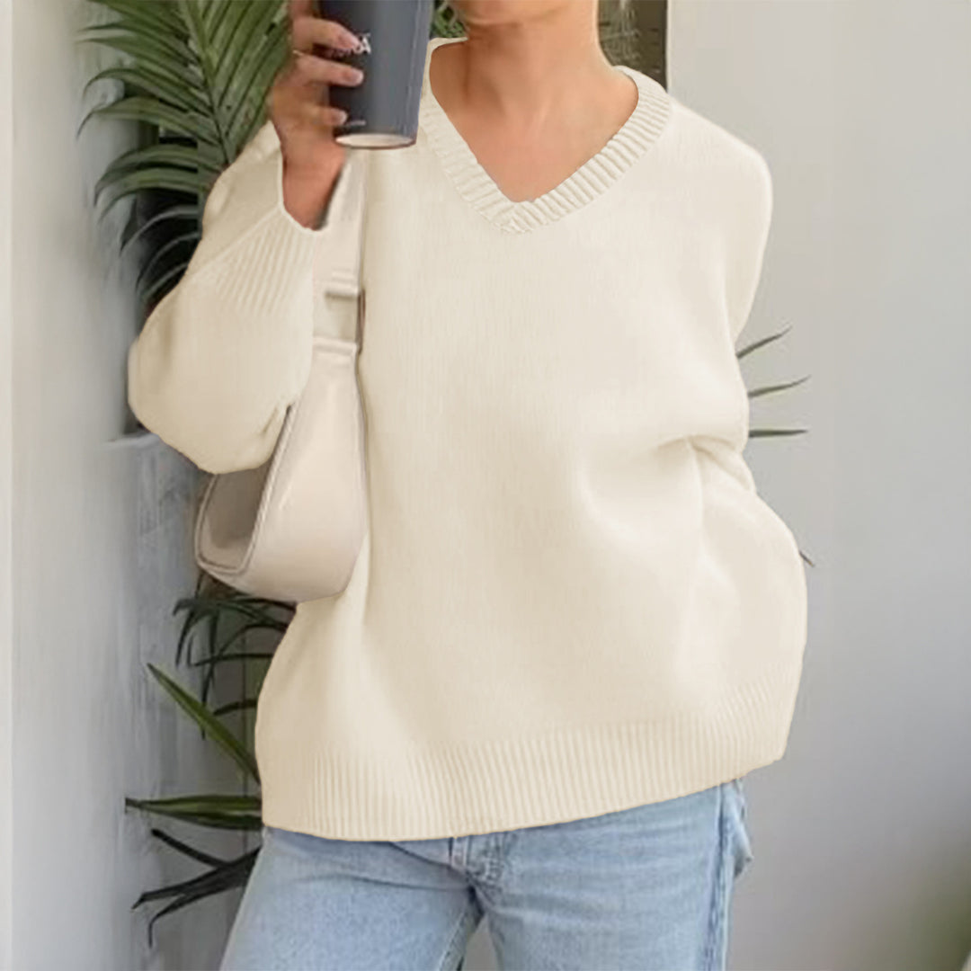 Damen nan oversized V-Ausschnitt Feinstrickpullover mit überschnittener Schulter, langen Kimonärmeln und breitem Rippbund Shop Nory