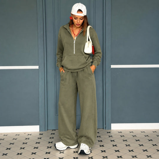 Damen lässiges Zip-Sweatset mit Polokragen und weitem Jogger-Schnitt Shop Nory