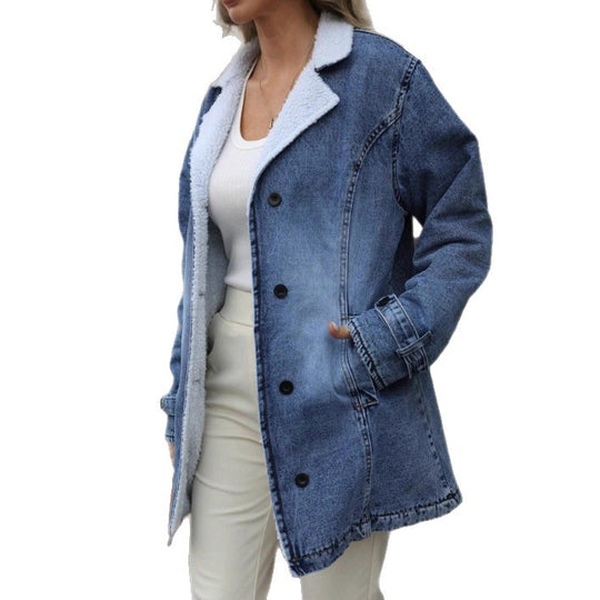 Damen Oversize-Denimjacke mit Teddyfutter, Knopfleiste und aufgesetzten Taschen Shop Nory