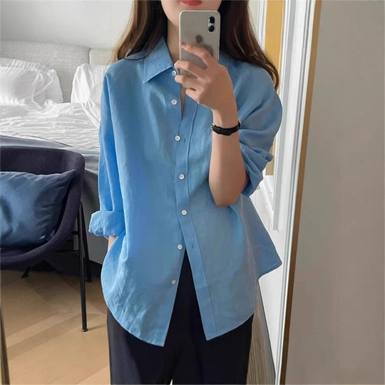 Damen Locker geschnittene Leinen‑Hemdbluse mit kastiger Silhouette und abgerundetem Saum Shop Nory