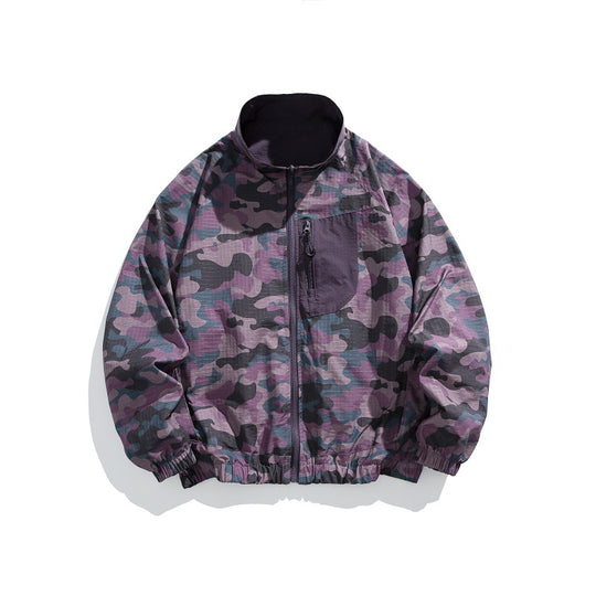 Unisex Leichter Camo‑Windbreaker mit hohem Stehkragen, Brustreißverschluss und elastischem Saum Shop Nory