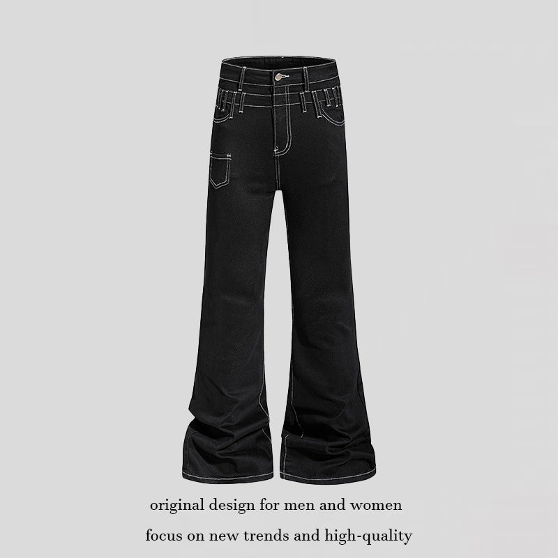 Damen hochgeschnittene Schlagjeans mit weitem Bein, Utility-Tasche und Kontrastnähten Shop Nory