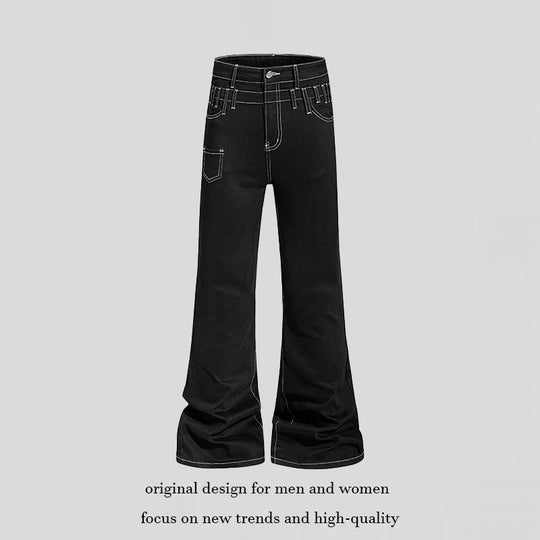 Damen hochgeschnittene Schlagjeans mit weitem Bein, Utility-Tasche und Kontrastnähten Shop Nory