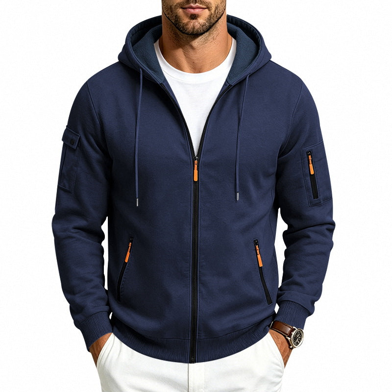 Herren Kapuzen-Reißverschlussjacke mit Ärmeltaschen, Kontrast-Zipper und Rippbündchen Shop Nory