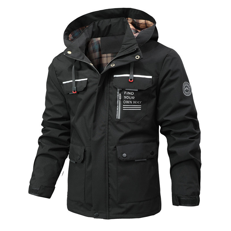 Herren Funktionsjacke mit Kapuze, Utility-Taschen und kariertem Futter Shop Nory