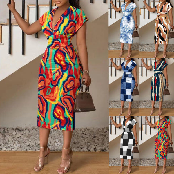 Damen Midi-Kleid mit modernem abstraktem Streifenmuster