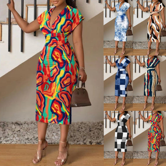 Damen Midi-Kleid mit modernem abstraktem Streifenmuster