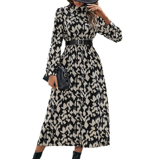 Damen Midikleid mit animalinspiriertem Print, Stehkragen und taillierendem Gürtel Shop Nory