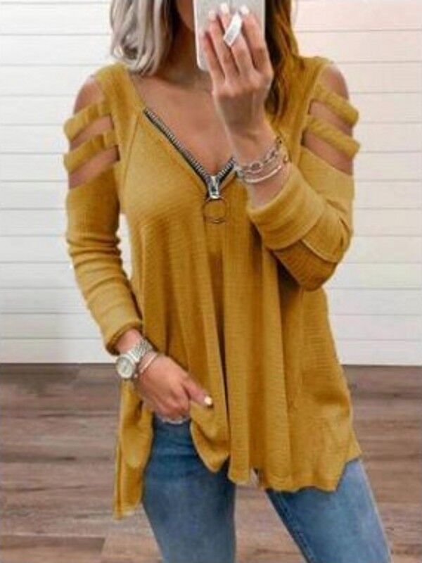 Damen lässiges Oberteil mit modischen Cut-Out-Details und Reißverschluss Shopnory