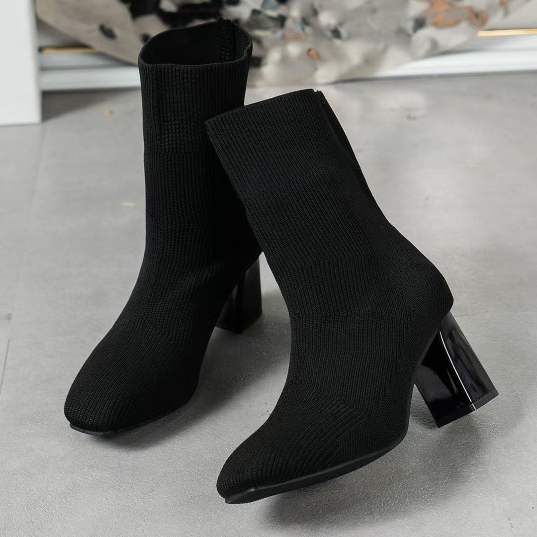 Damen Strickstiefeletten mit transparentem Blockabsatz und elastischem Schaft