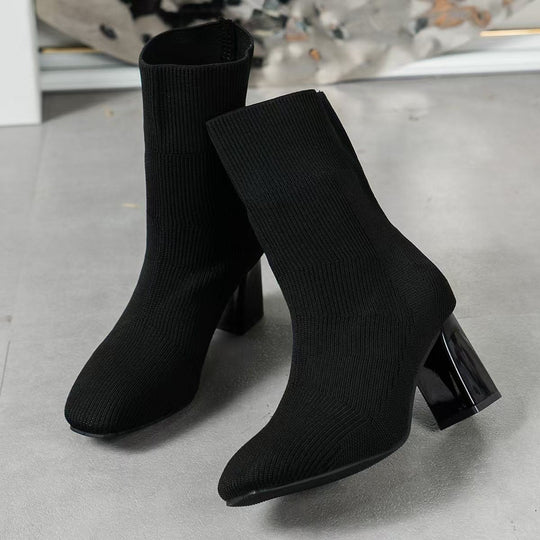 Damen Strickstiefeletten mit transparentem Blockabsatz und elastischem Schaft