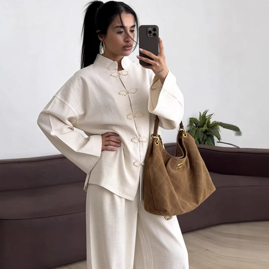 Damen Oversized Mandarinjacke mit Knotenverschlüssen und weitem Arm Shop Nory