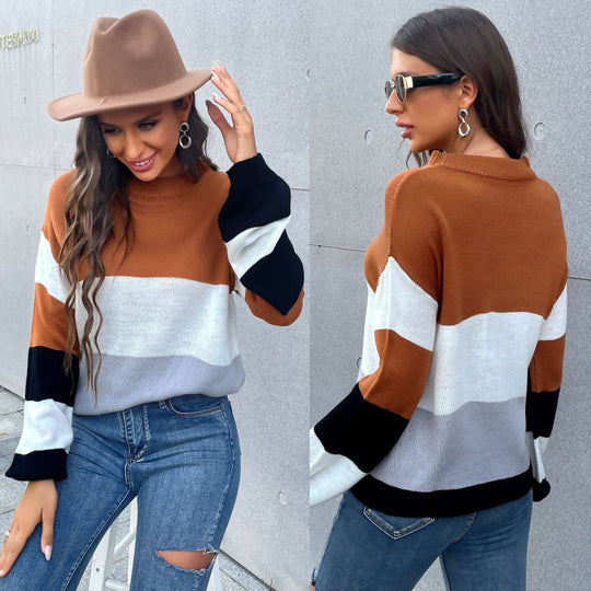 Damen Farbblock-Feinstrickpullover mit Rundhals und legerer Passform Shop Nory