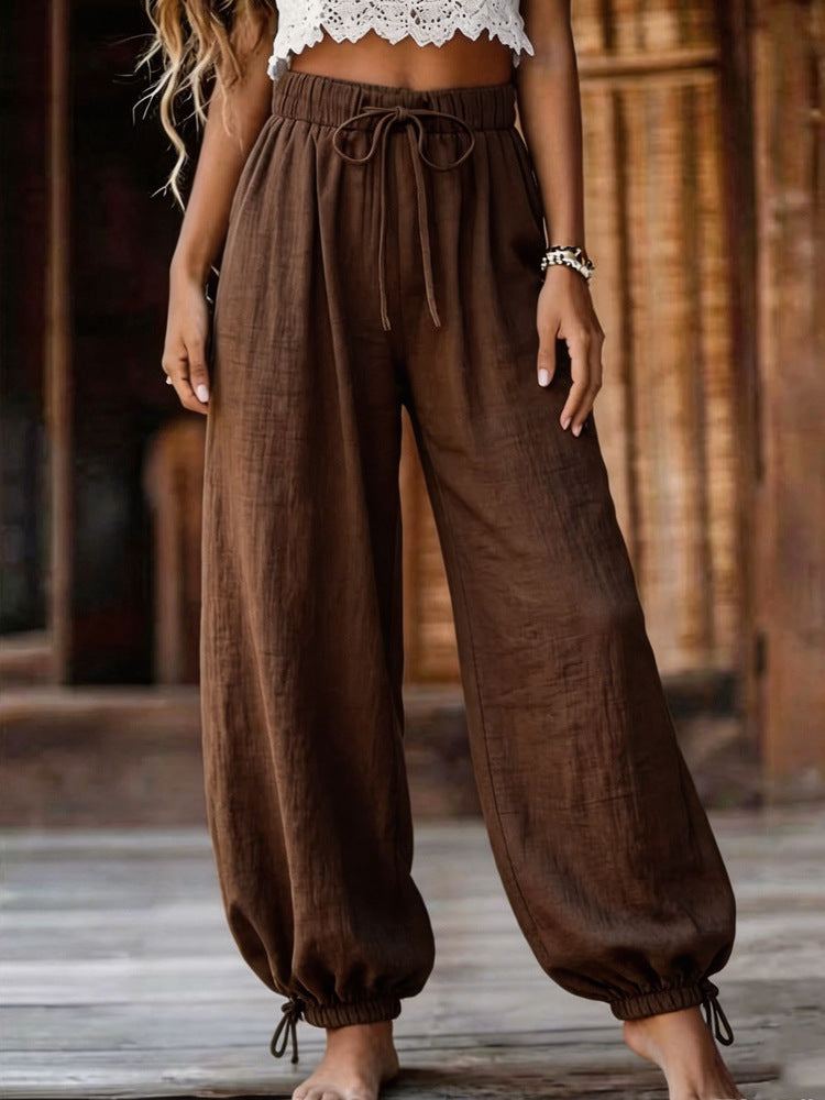 Damen Leichte Leinenhose mit weitem Bein und elastischem Bund Shop Nory