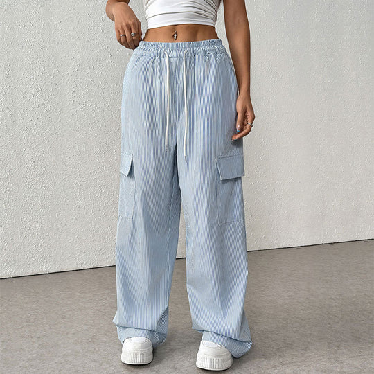 Damen Gestreifte weite Cargo-Hose mit hohem Gummibund und Tunnelzug Shop Nory