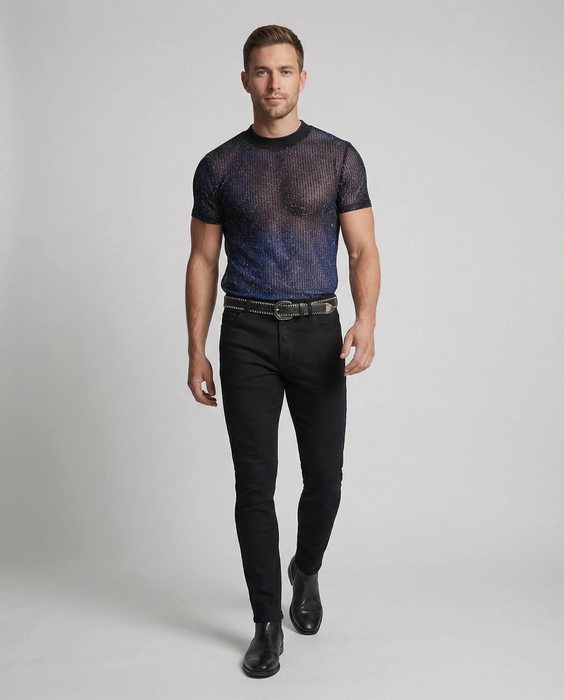 Herren Hochwertiges Mesh-T-Shirt mit glitzerndem Effekt
