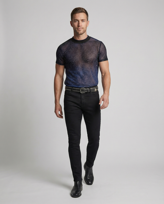 Herren Hochwertiges Mesh-T-Shirt mit glitzerndem Effekt