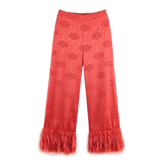 Damen hochtaillierte Satinhose mit Jacquard‑Blütenmuster und Federfransen Shop Nory