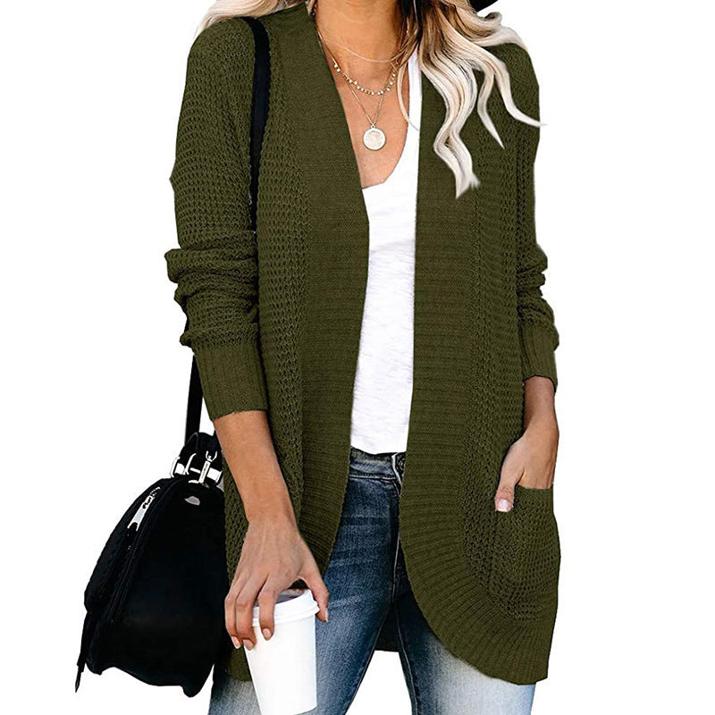 Damen Langer Offener Strickcardigan mit Taschen, Rippbündchen und strukturierter Waffeloptik Shop Nory