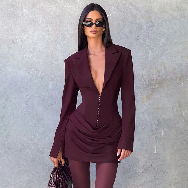 Damen Blazer-Minikleid mit tiefem V-Ausschnitt und eleganter Silhouette Shopnory
