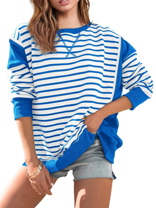 Damen Oversize-Sweatshirt im Marinelook mit Streifen, Raglanärmeln und Rippenbündchen Shop Nory