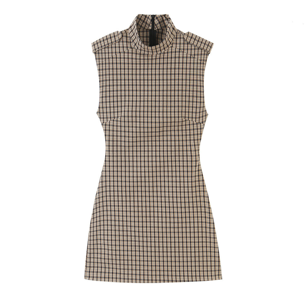 Damen Tailliertes ärmelloses Mini-Kleid mit Stehkragen und Karomuster Shop Nory
