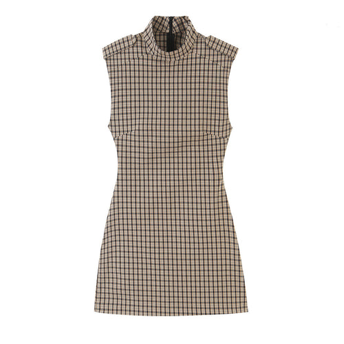 Damen Tailliertes ärmelloses Mini-Kleid mit Stehkragen und Karomuster Shop Nory