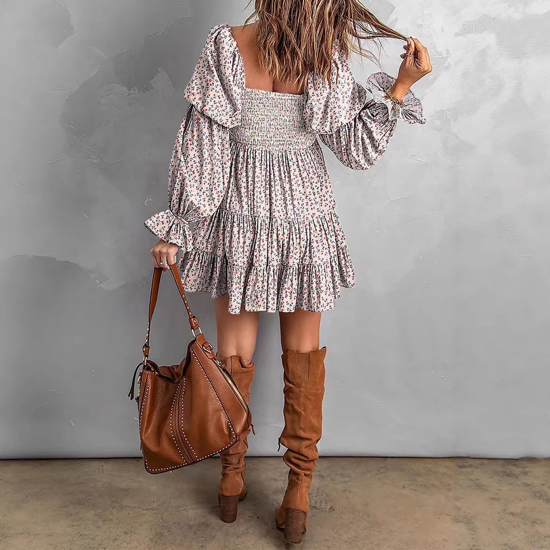 Damen Off-Shoulder Minikleid mit Smok-Oberteil, Volantstufen und gerafften Ballonärmeln Shop Nory