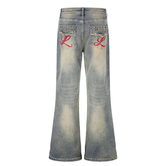 Damen Weite High‑Waist Flared-Jeans mit Used-Effekt, bestickten Gesäßtaschen und Nieten Shop Nory