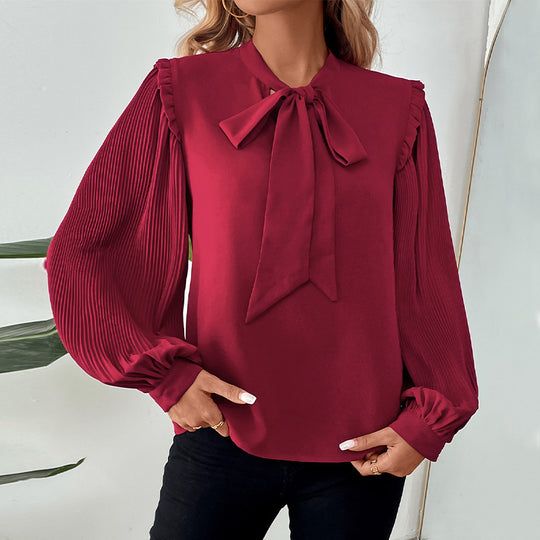 Damen Plissierte Chiffon-Bluse mit Schleifenkragen, Ballonärmeln und Rüschendetail Shop Nory