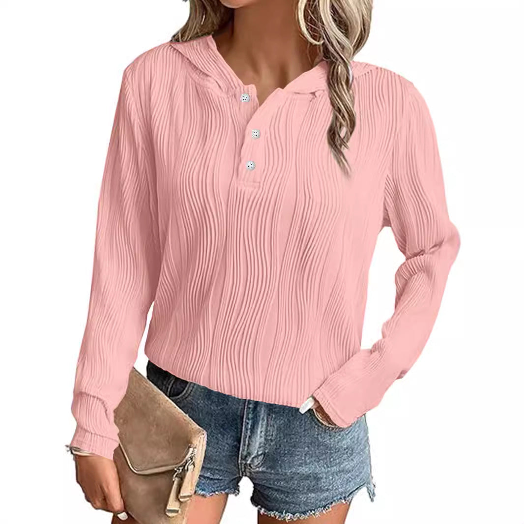 Damen Geripptes Kapuzen-Henleyshirt mit Knopfleiste und leichter Struktur Shop Nory