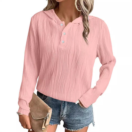 Damen Geripptes Kapuzen-Henleyshirt mit Knopfleiste und leichter Struktur Shop Nory