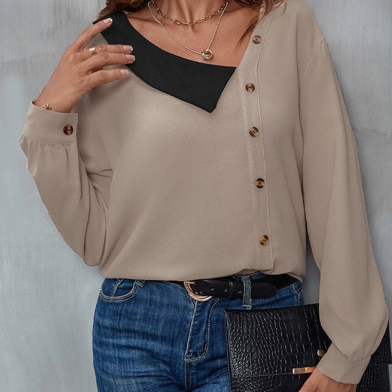 Damen Asymmetrische Hemdbluse mit kontrastiertem Kragen und dekorativer Knopfleiste Shop Nory