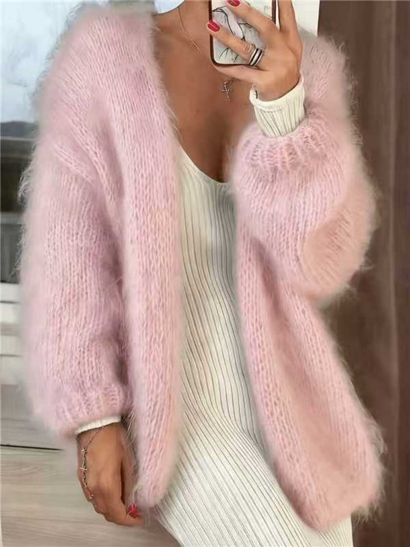 Damen Flauschiger Oversize Mohair-Optik Cardigan mit offenem Schnitt und Ballonärmeln Shop Nory