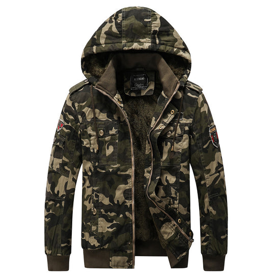 Herren Kapuzen-Camouflage-Fieldjacke mit Teddyfutter, Mehrfach-Taschen und Rippbündchen Shop Nory