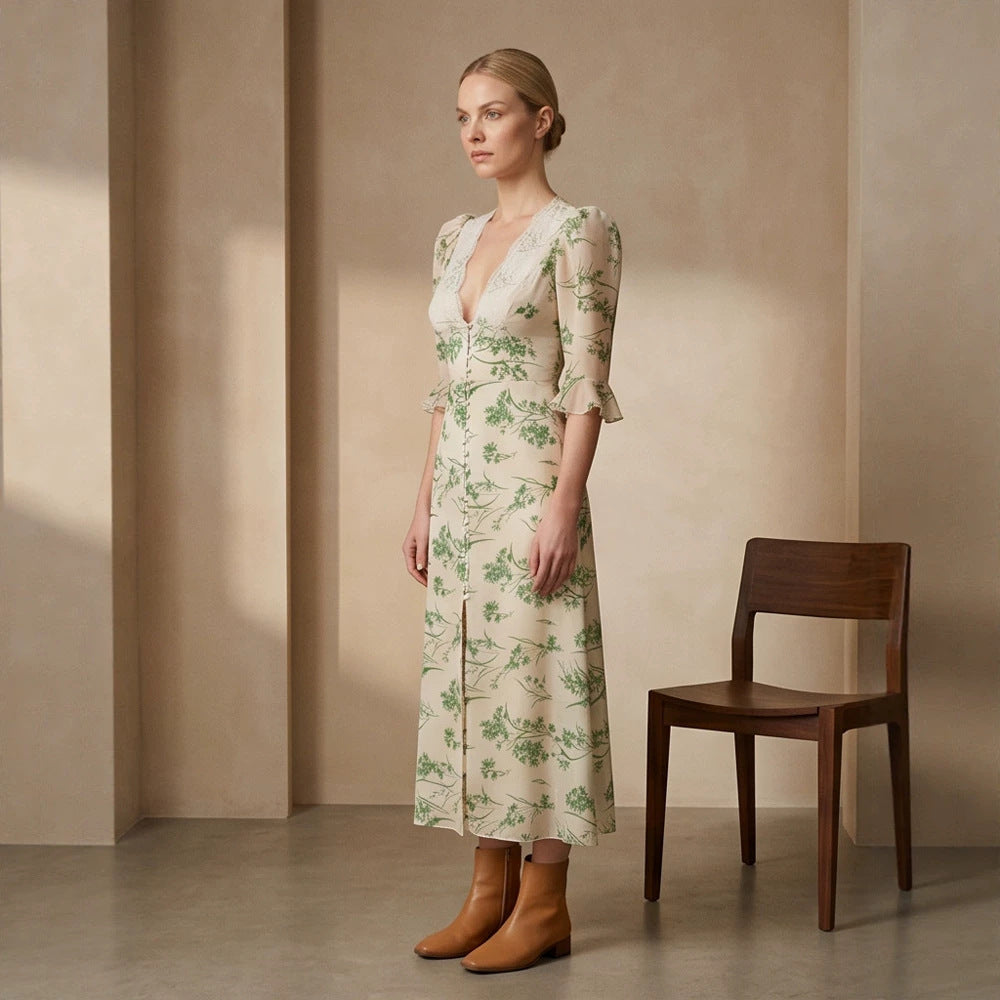 Damen Florales Midikleid mit Spitzen‑V‑Ausschnitt, figurbetonter Taillennaht und Perlenknopfleiste Shop Nory