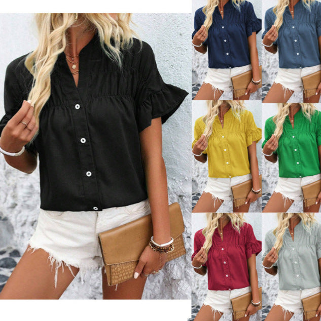 Damen Bluse mit Rüschenärmeln, Smok-Yoke und Stehkragen Shop Nory