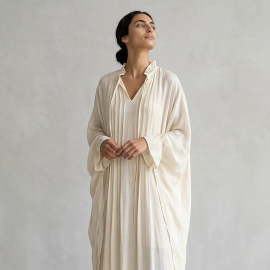 Damen Maxikleid im Kaftan-Stil mit Rüschenkragen, Bindebändern und voluminösen Ärmeln Shop Nory