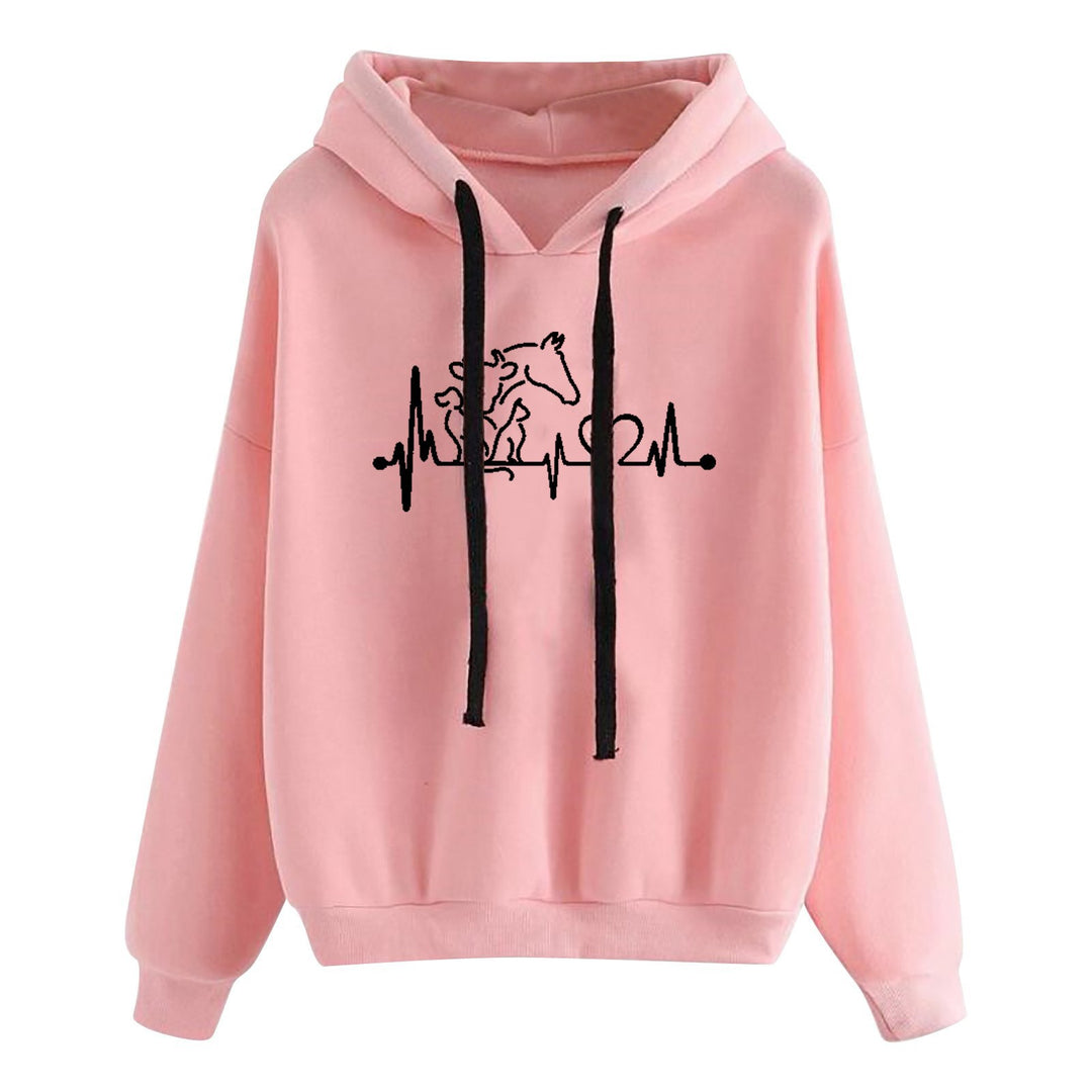 Damen nan leichter Oversize Kapuzenpullover mit Herz‑EKG‑Motiv, langen Kordeln und elastischem Bund Shop Nory