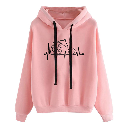 Damen nan leichter Oversize Kapuzenpullover mit Herz‑EKG‑Motiv, langen Kordeln und elastischem Bund Shop Nory