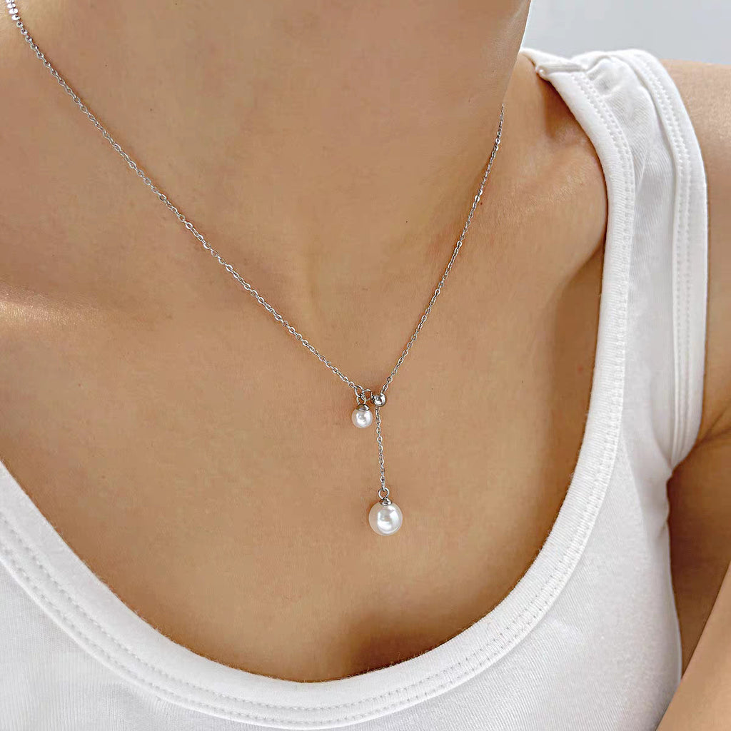 Damen Elegante Doppelperle Tropf Halskette Shop Nory