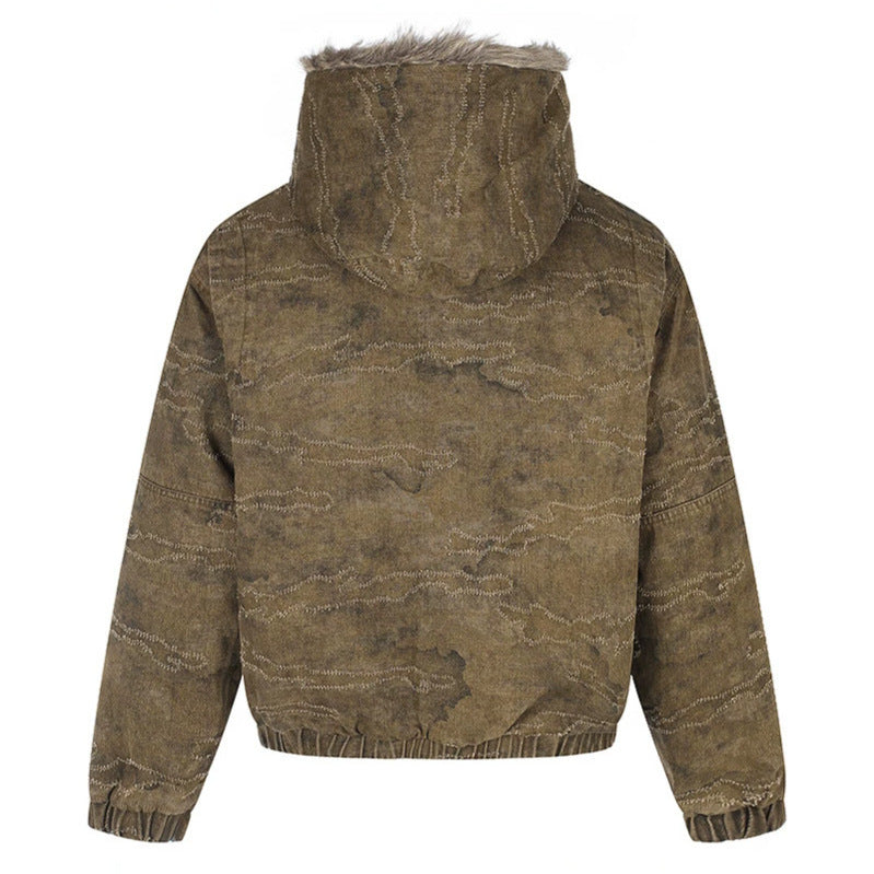 Damen Wattierte Kapuzen‑Bomberjacke mit Kunstfellbesatz, Camouflage‑Effekt und elastischem Saum Shop Nory