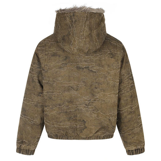 Damen Wattierte Kapuzen‑Bomberjacke mit Kunstfellbesatz, Camouflage‑Effekt und elastischem Saum Shop Nory